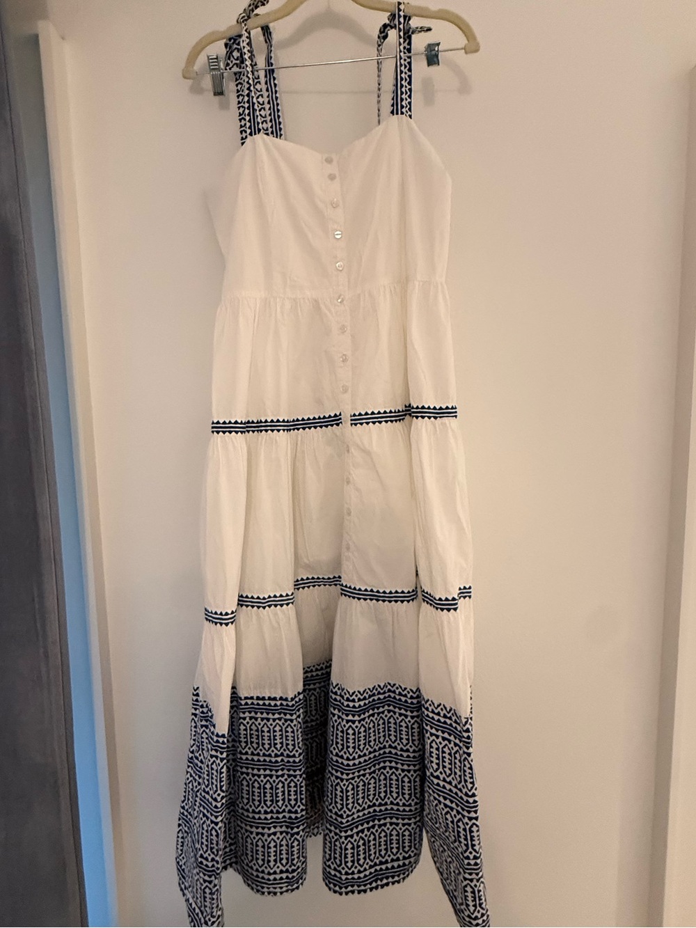 Oliphant White Cotton Maxi Dress with Navy Embroidery